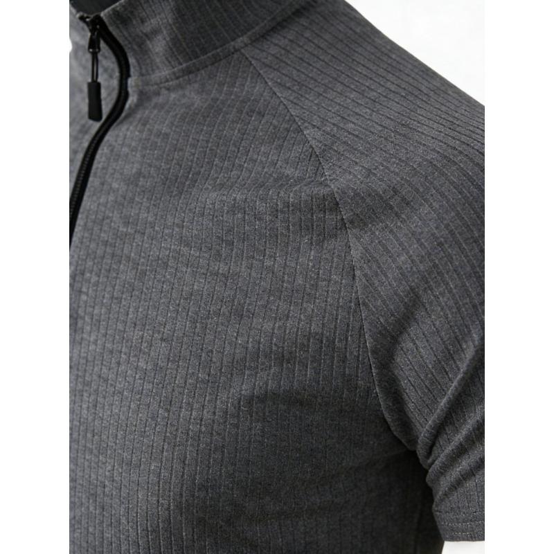 Men European Size Slim Fit Summer Half Zip Short Sleeve Ribbed Polo Shirt