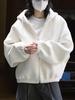 Women's 2024 White Velvet-Lined Hooded Zip-Up Sweatshirt: Cozy, Thick, Loose-Fit Jacket for Autumn/Winter