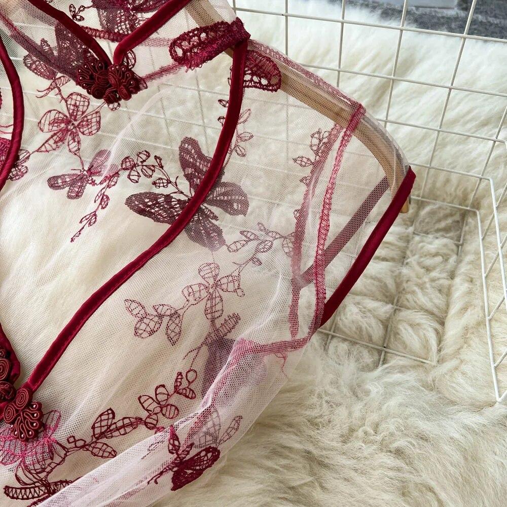 Singerie Mesh Sheer Sexy Nachtkleid Frauen Hollow Out Split Retro Unterwäsche Stickerei Cheongsam Weiblich Schmetterling Muster Erotische Mode Pyjamas 2024