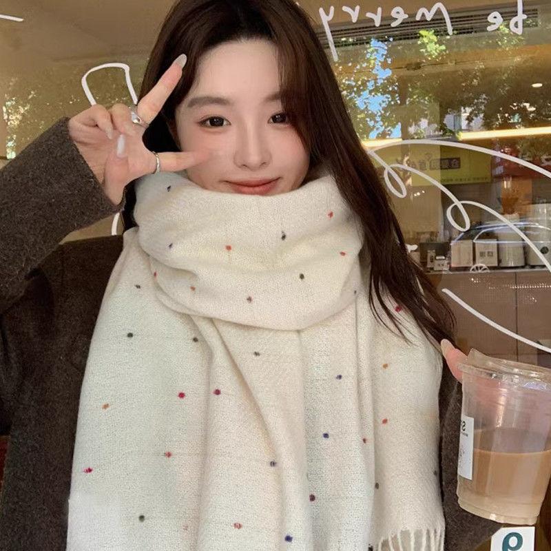 Winter Rainbow Polka Dot Scarf Beige Solid Color Warm Cold-proof Shawl Korean Style Fashion Versatile Neck Warmer