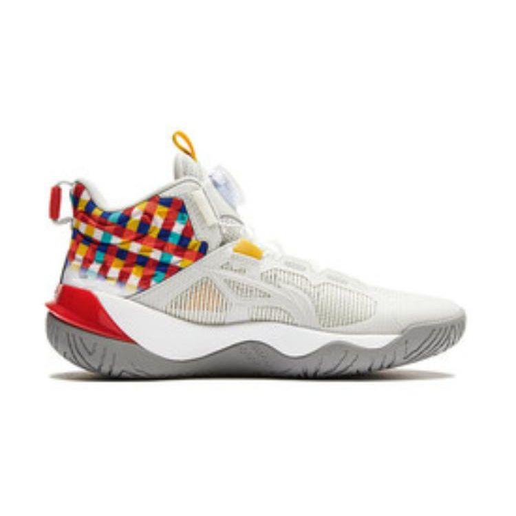 Li Ning Childrens Pioneer Team 3 V3 Comfortable Versatile Mid-Top Basketball Shoes Kids basketball shoes Red Gray YKBU038-5