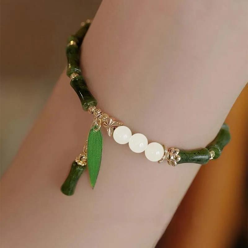 Trend Green Jade Bamboo Joint Bracelet for Women Men Romantic Lily of the Valley Pendant Chain Party Gift Fashion Jewelry