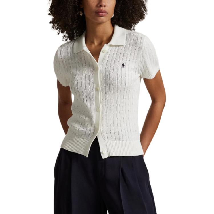 Polo Ralph Lauren Enfärgad Enkelknäppt Kortärmad Stickad Topp Damtoppar Vit 211963486-001