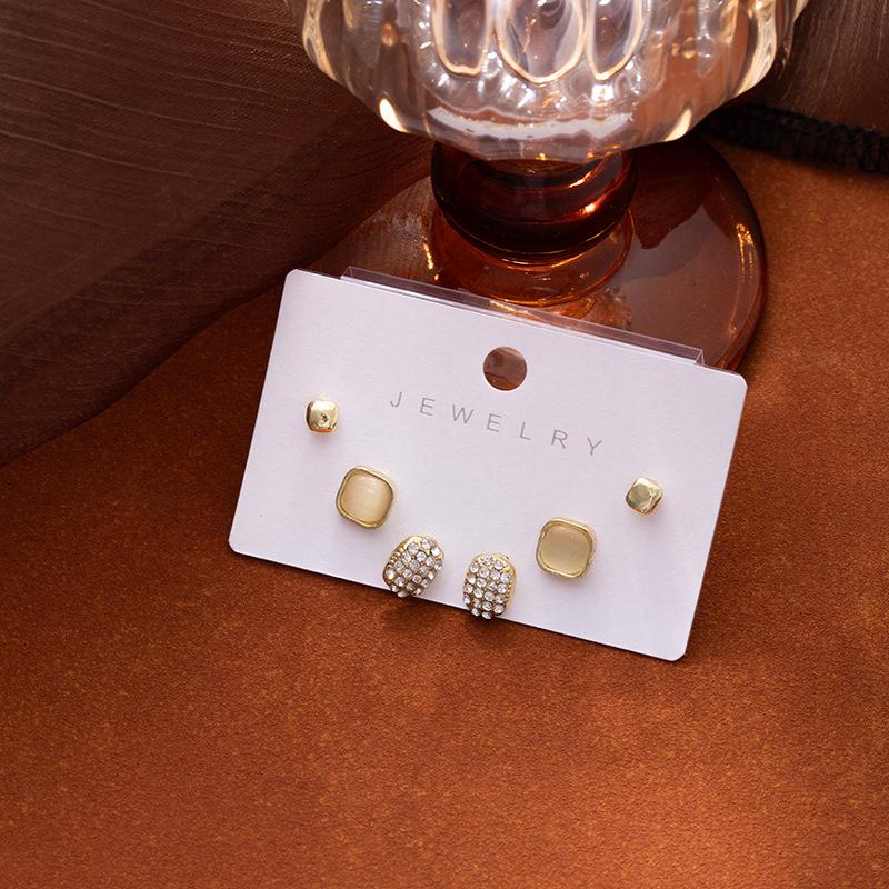 Simple And Exquisite Square Diamond-Set Pearl Stud Earrings, Colorful Opal Earrings Set, Daily Fashion Versatile Earrings For Women