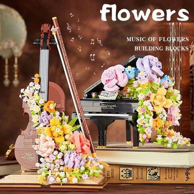 Preserved Flower Piano Violin Building Blocks Creative Musical Instrument Bouquet Waterfall Assemble Model Girl Holiday Gifts