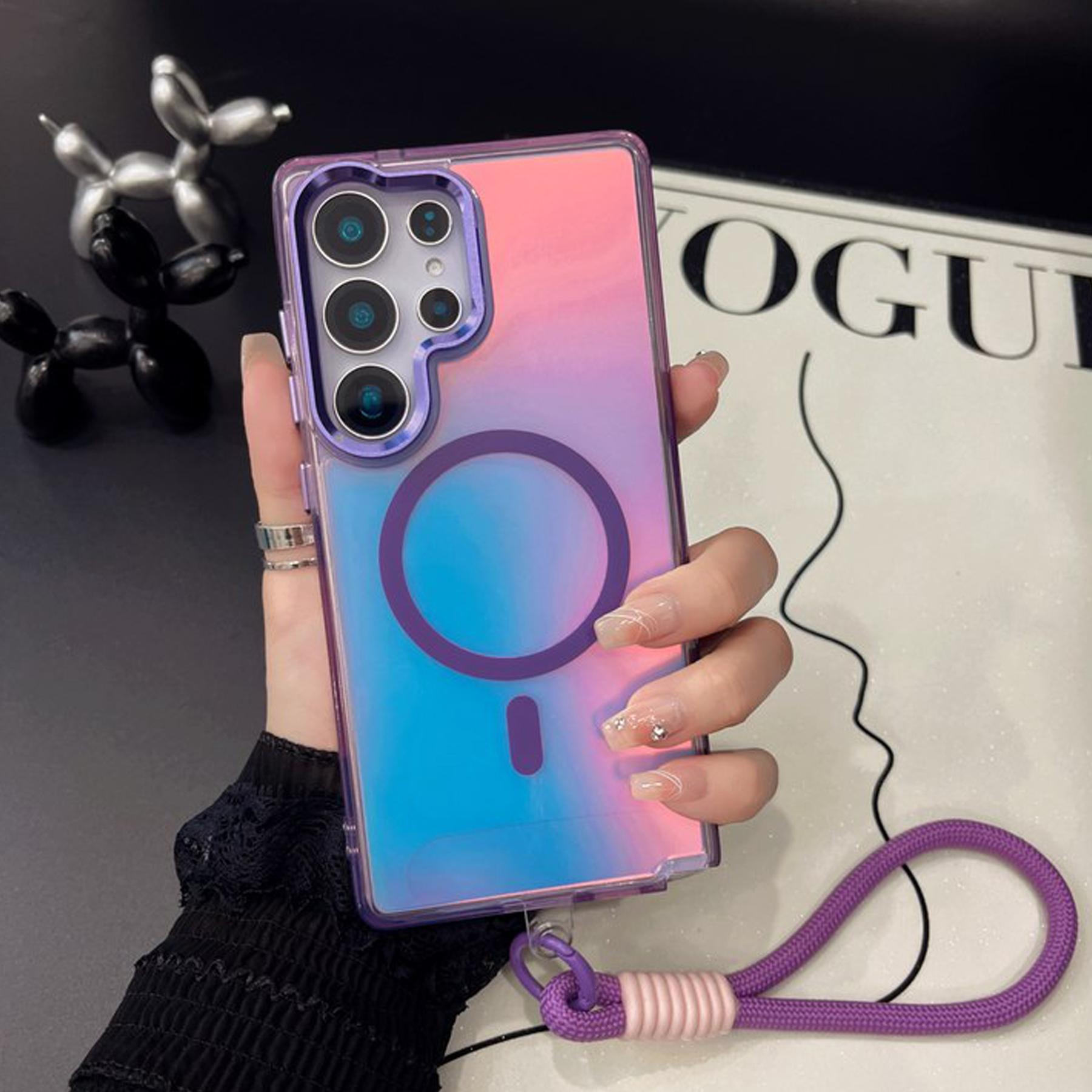 

Для Samsung Galaxy S25 Ultra Чохол Сумісний з Magsafe Гальванізований Лазерний ТПУ+ПК Чохол для Телефону з Ремінцем на Зап ястя Colorful Purple