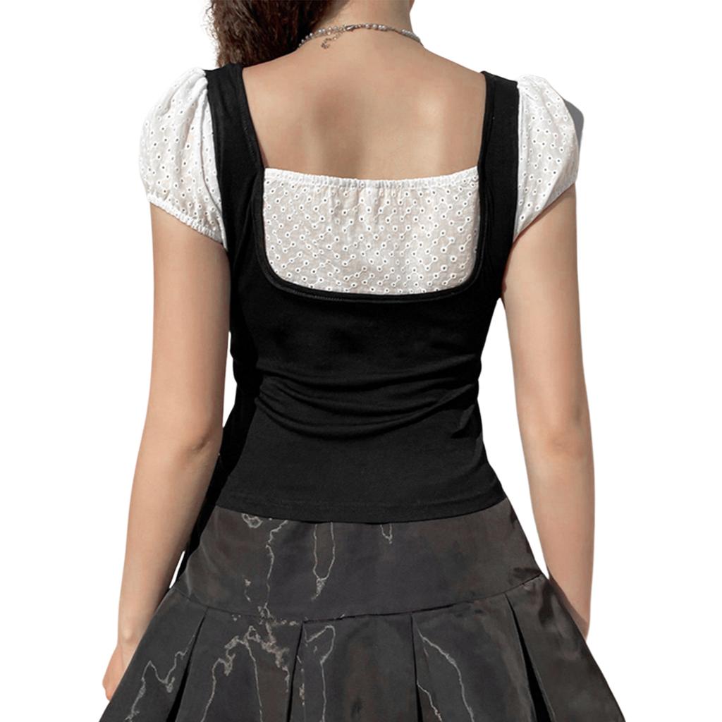 Women's T-shirt Tops, Short-sleeved Square Neck Design, Slim Stitching, Fake Two-piece Soft Tops Shirt