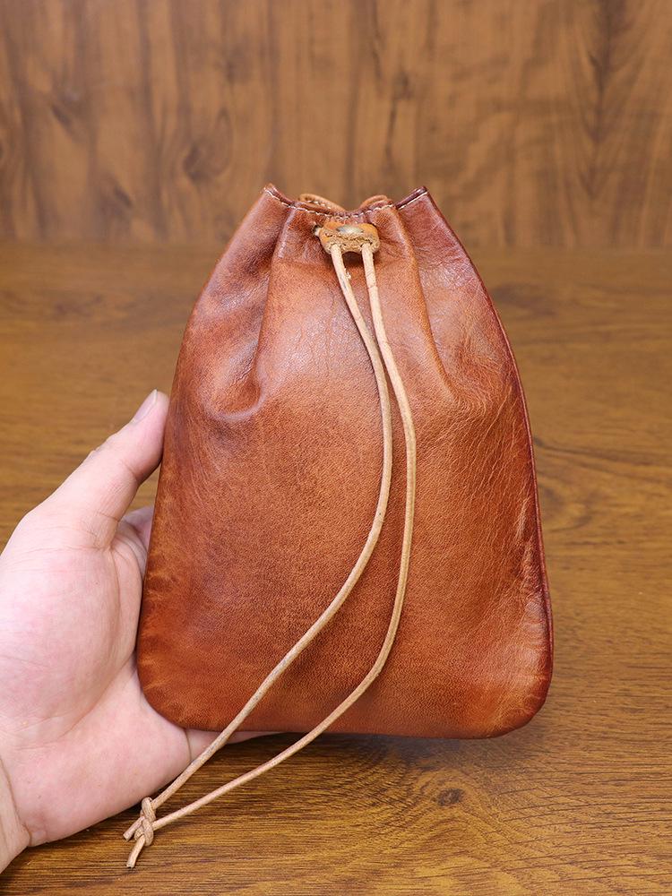 European Retro Cowhide Coin Purse: Hand-rubbed Leather Change Pouch with Drawstring