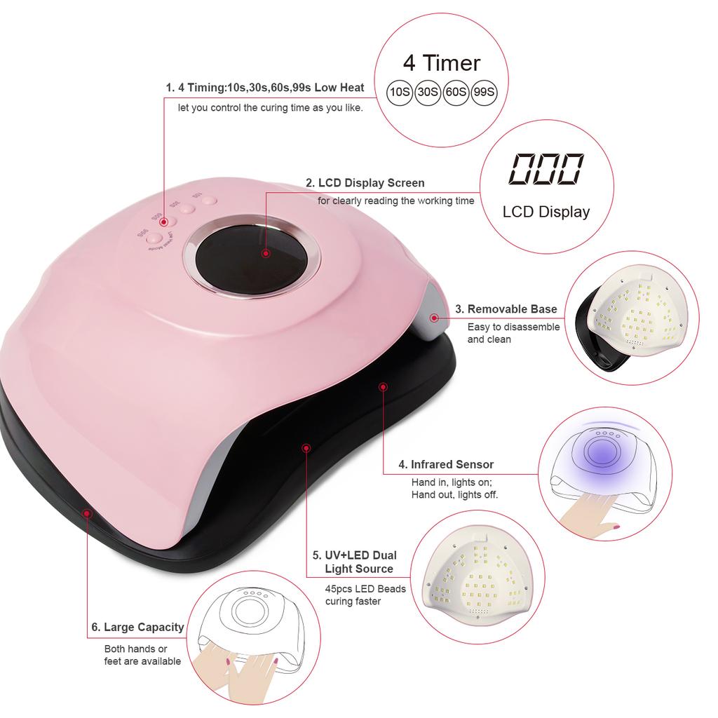 VANREESA 180W UV LED-lampe negletørker med autosensor LCD-skjerm 45 LED negletørkerlampe for manikyrgel