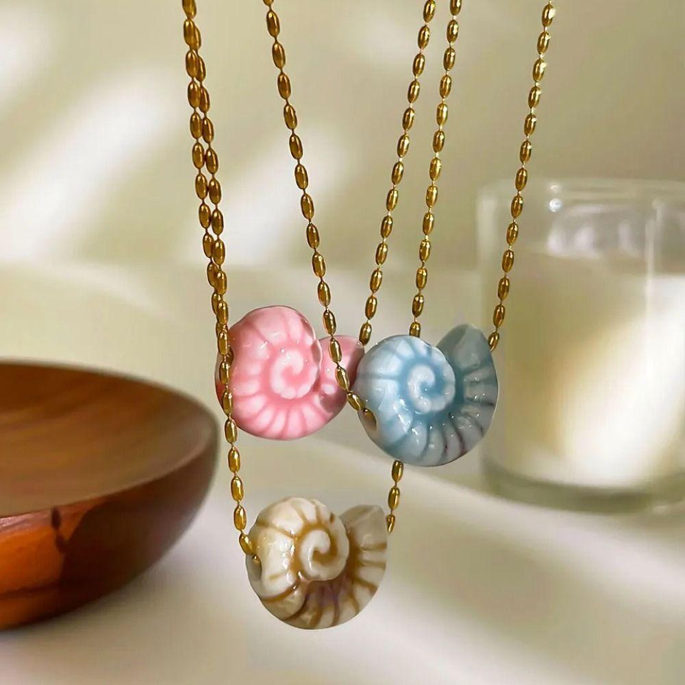 Ceramic Conch Pendant Necklace Stainless Steel Chain Collarbone Chain Fashion Conch Necklace  Women