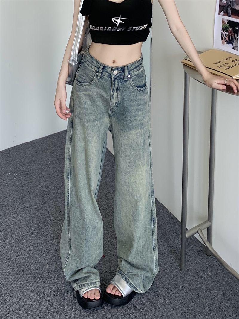 

Women s Retro Distressed High-Waisted Wide-Leg Jeans - Slim-Fit, Straight-Leg, Floor-Length, Petite Autumn Style. Small светло-синий