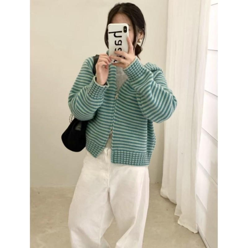 Women Autumn Korean Style Knitted CardigansLoose Knit Hooded Zipper Jackets Tops