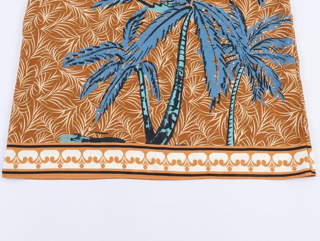 2026 European Spring Women's Spaghetti Strap Dress with Beaded Coconut Tree Print