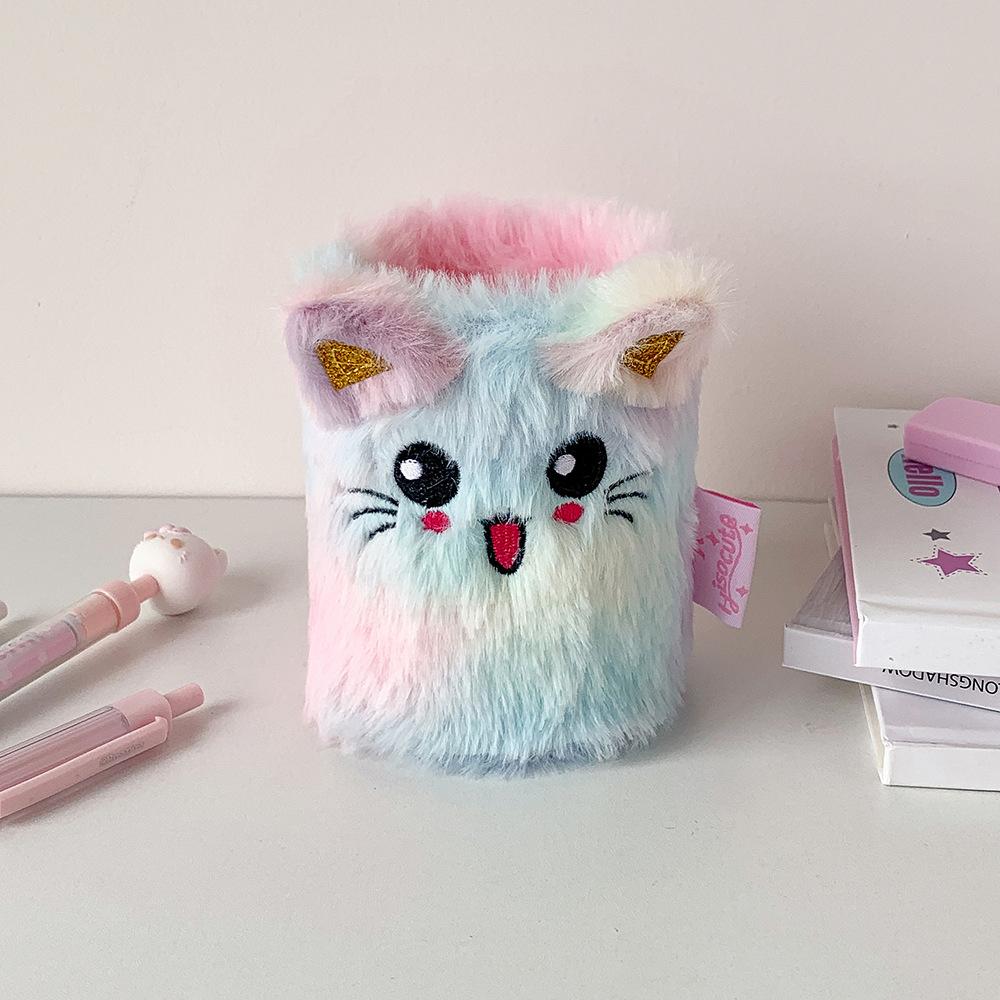 1 Piece Furry Cartoon Unicorn Pencil Holder for Kids Girl Cute Animal Kitten Puppy Sheep Desktop Organizer Makeup Brush Box