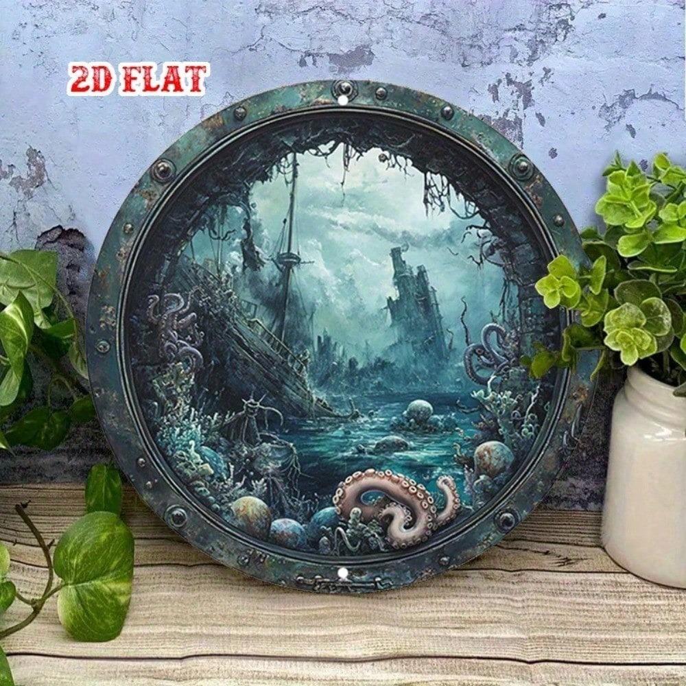 1pc Vintage Nautical Octopus Porthole Metal Wall Art Sign, Fantasy Underwater Ruins Aluminum Round Home Decor