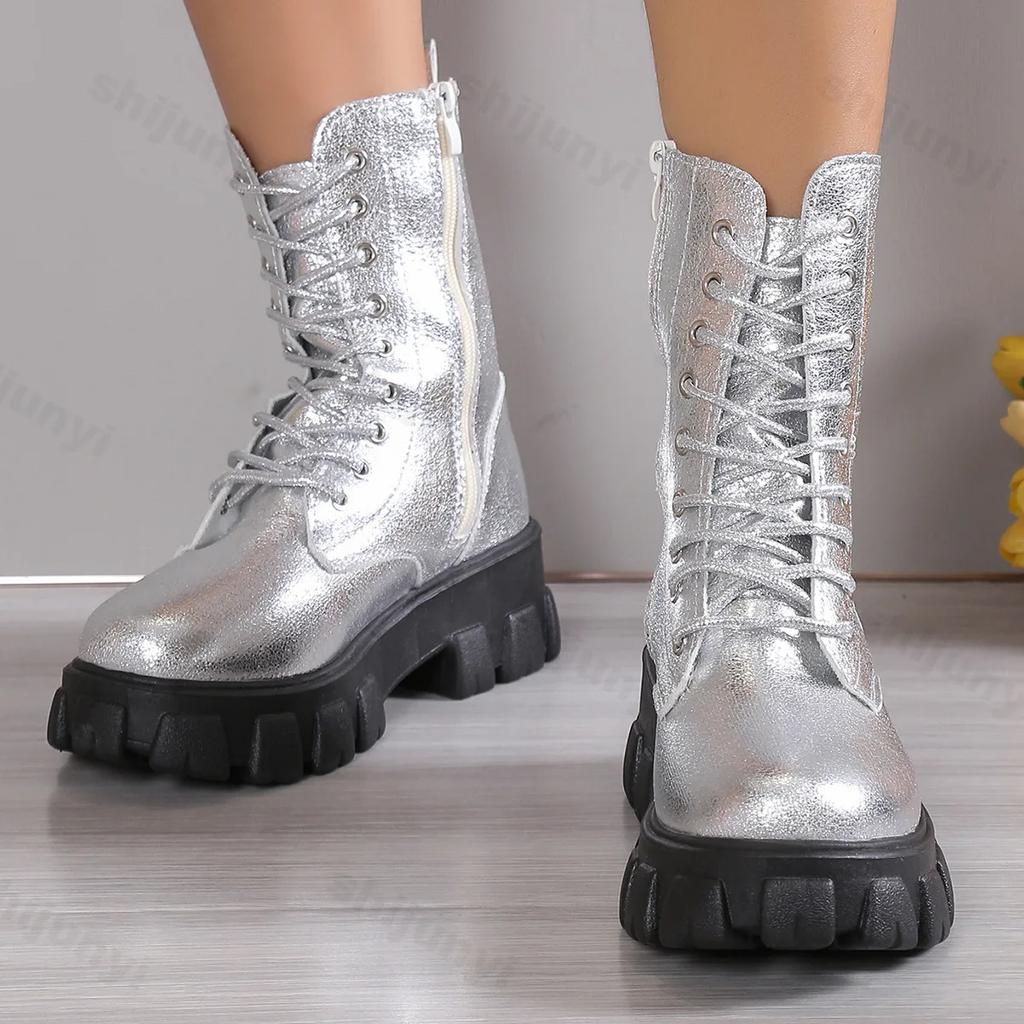 2024 New Retro Women Platform Ankle Boots Female's Round Toe Lace Up Fashion Chunky Shoes Punk Short Boots Botas De Mujer