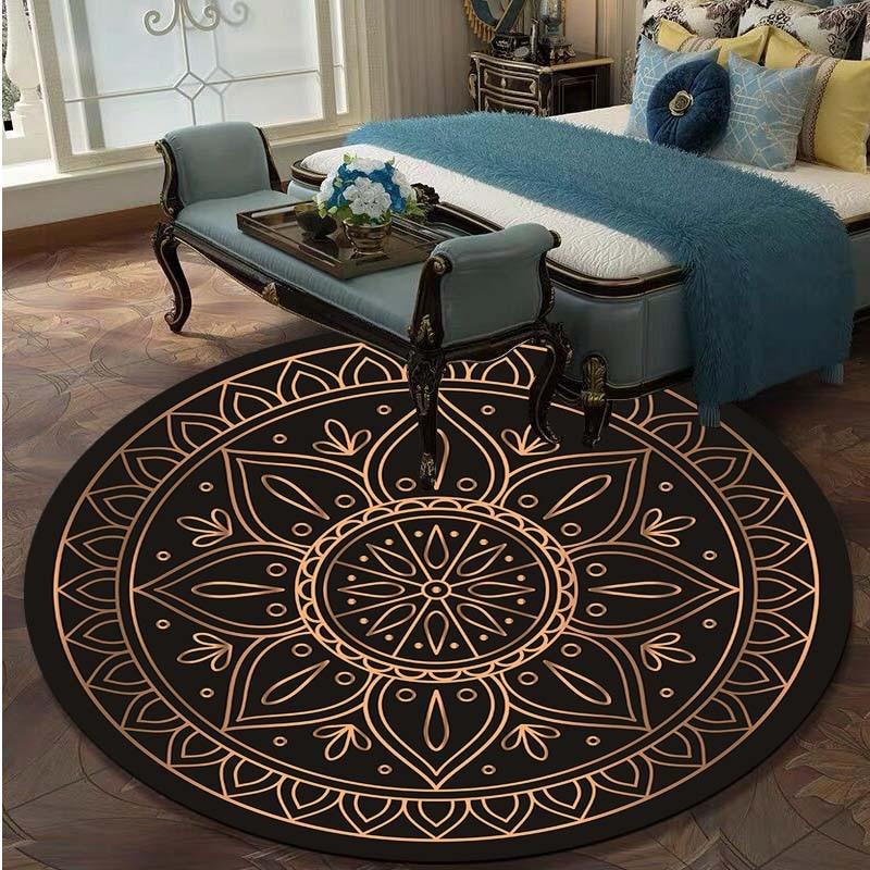 Retro preto e ouro flores tapete redondo cadeira de lótus tapete macio para sala de estar anti-deslizamento decoração do quarto tapete