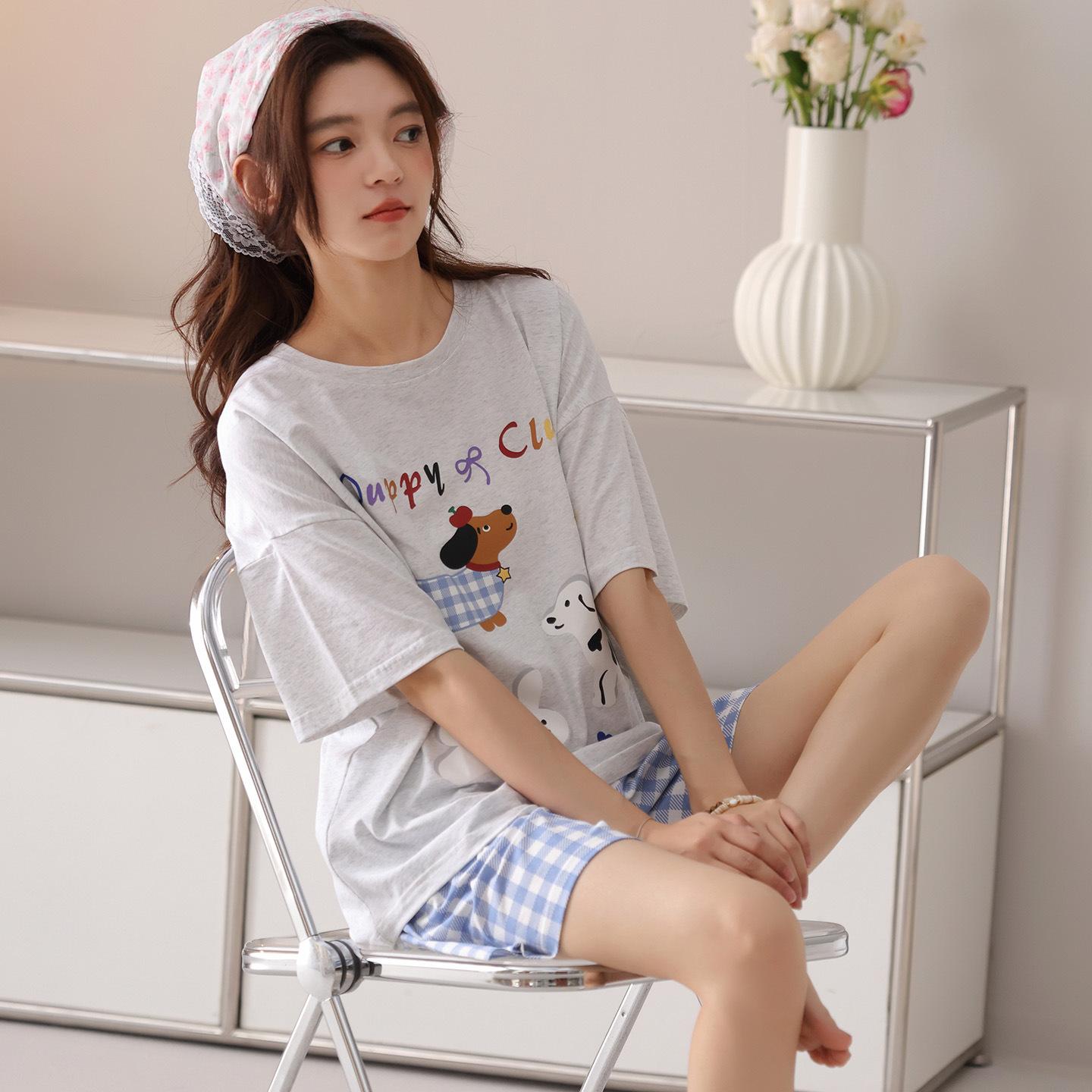 

pure cotton pajamas women s summer with chest pads, short-sleeved shorts, new cotton loungewear loose and cute set M recommends 40-50kg