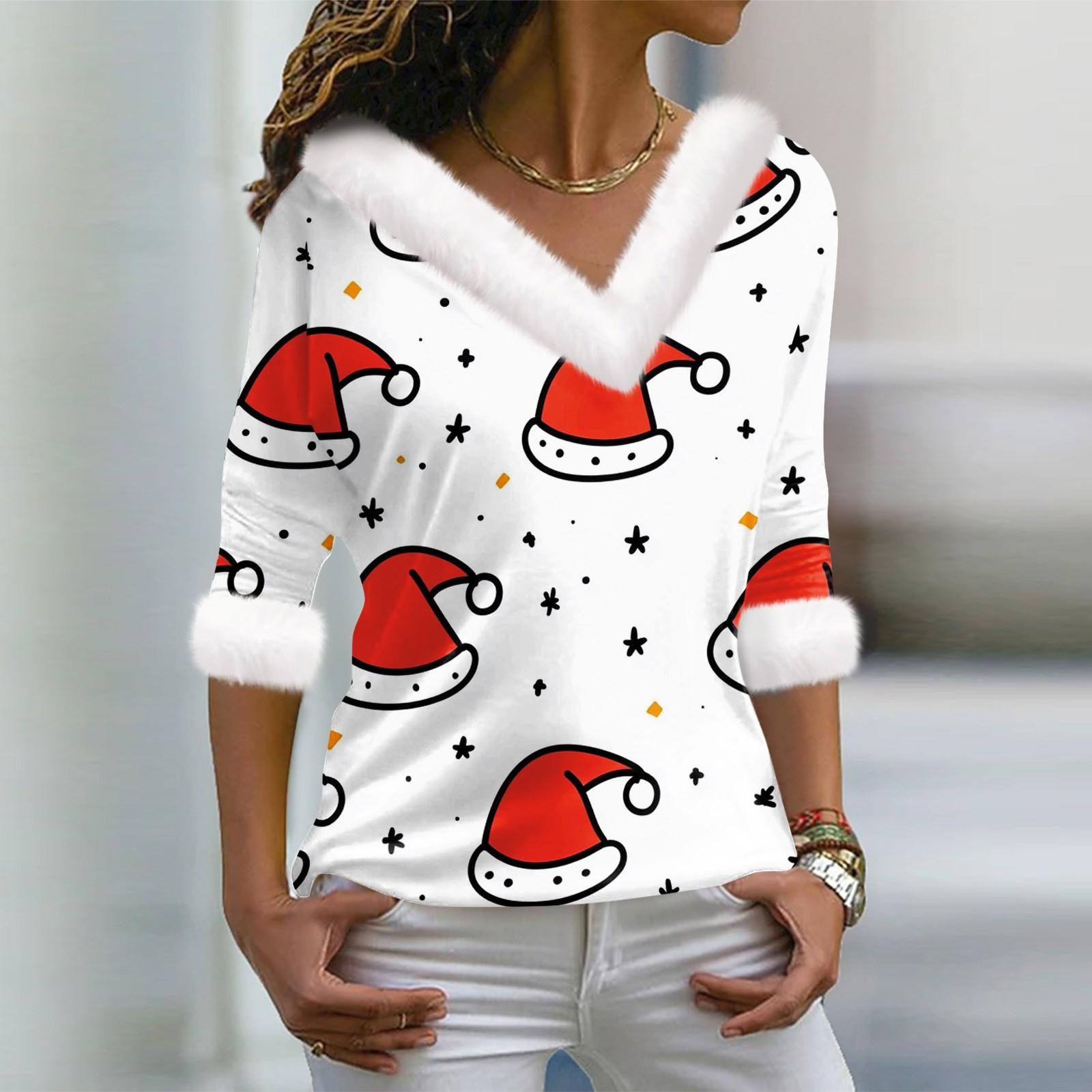 

Женская футболка с рождественским принтом, длинный рукав, флисовый воротник, V-образный вырез, футболка M синий