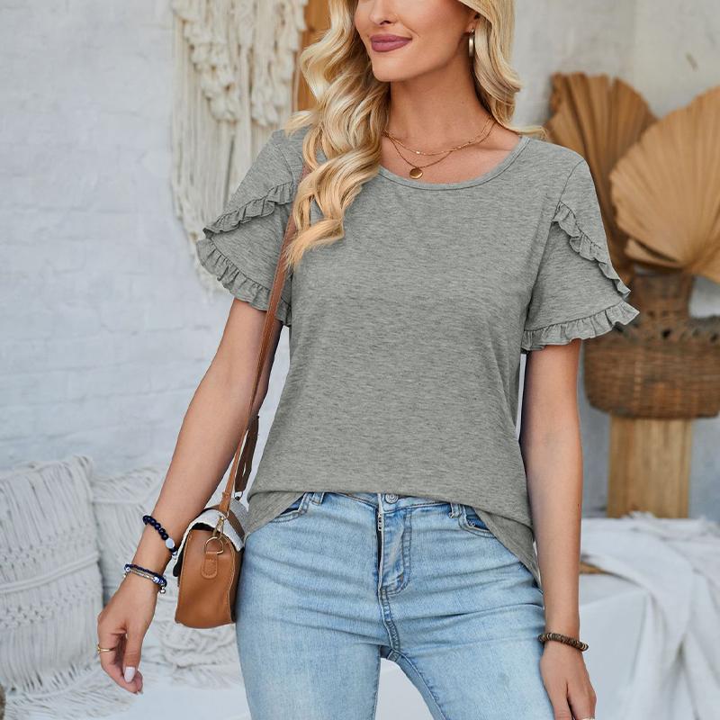 Damen Rundhals-Oberteil Lässiges Patchwork Einfarbiges Lockeres T-Shirt