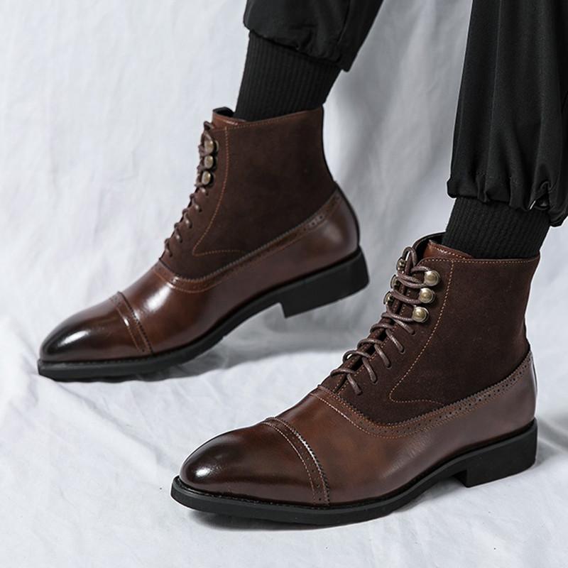 Fashion Designer New Men's Pointed Lace Up Brown Black Shoes Trend Casual Luxury Fashion High-top Ankle Boots