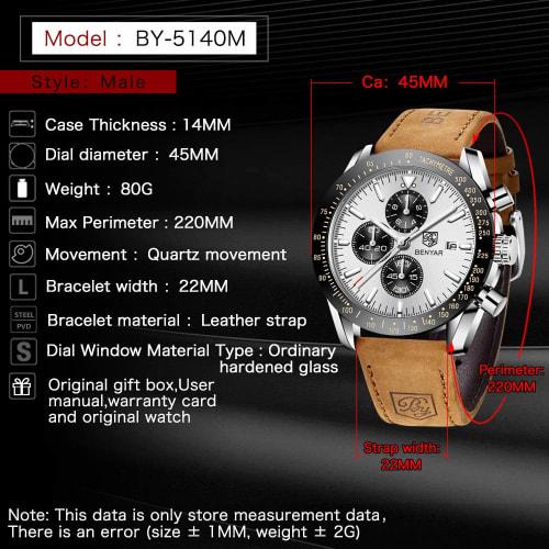 BENYAR AKNIGHT Watch Men's Stylish Watch Men's Watch Luminous Chronograph Fixed Bezel Analog Calendar Arm Watch Waterproof Japanese Quartz Watch Leath