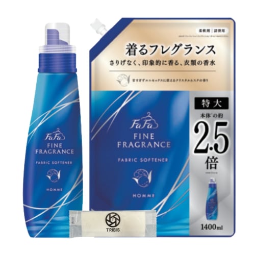 

FaFa Fine Fragrance Fabric Softener Homme Perfume Crystal Musk Scent (570ml x 1 bottle) + Extra-Large 1400ml Refill + TRIBIS Towel