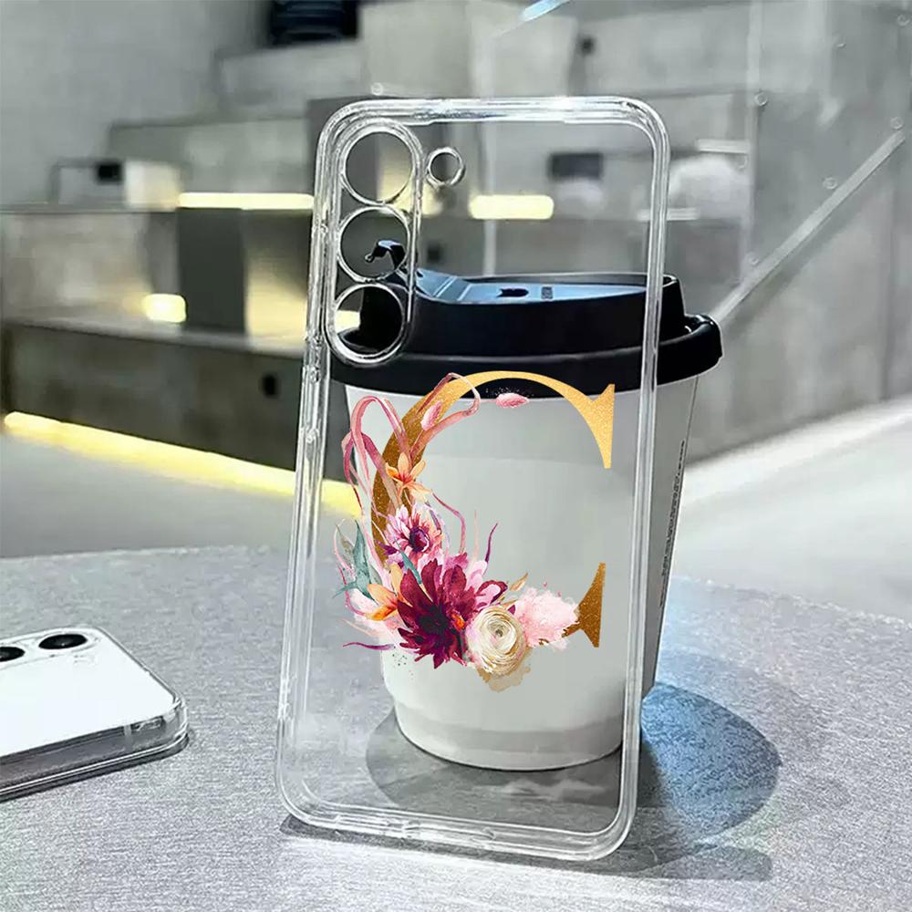 Transparent Phone Case Flowers Golden Rose Letters For Samsung Galaxy A55 A15 A25 A35 A07 A17 A06 A37 A57 Silicone Clear Cover