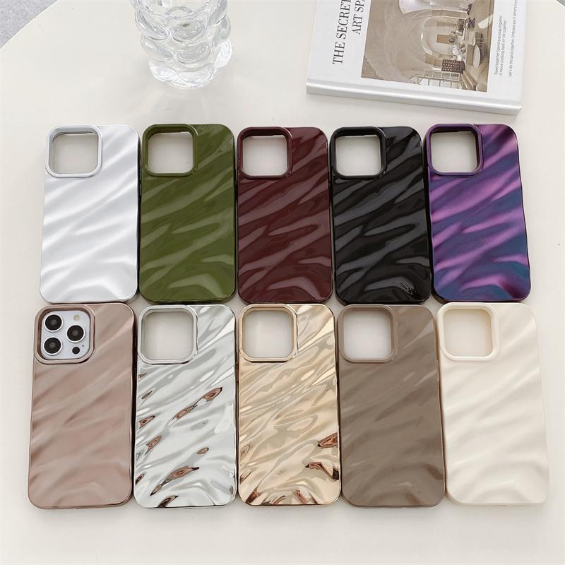 Luxury Wave Satin Ruffle Pattern Phone Case For iPhone 11 12 13 14 15 16 Pro Max Plus Glitter Shockproof Solid Color Cover