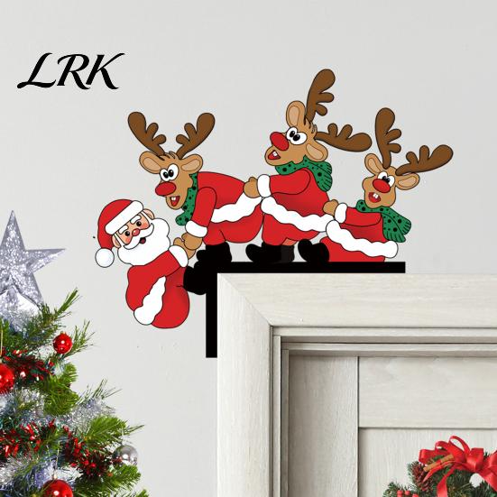 Winter Holiday Room Decor Christmas Door Corner with Snowman/Elk Designs, Wooden Hanging Ornaments Frame Ornament, Decorative Topper Home Festive Elk
