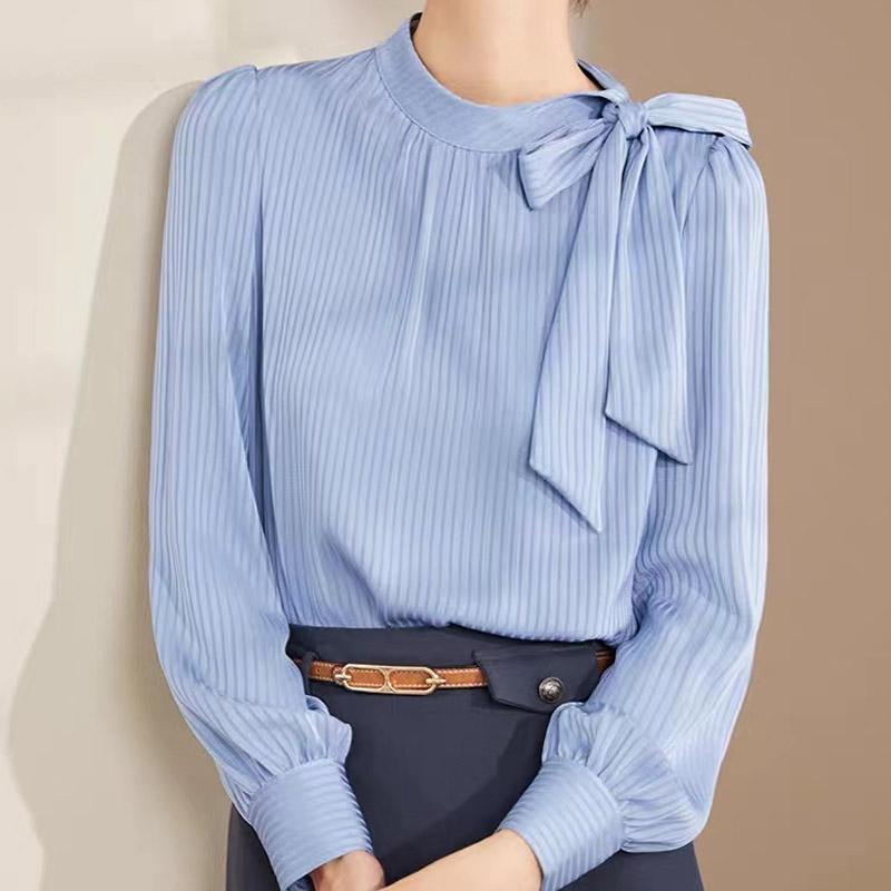 Женские блузки, рубашки, весна 2025, женская блузка с длинным рукавом, рубашка с круглым вырезом, полосатая шифоновая блузка, рубашка, женские топы J845 S