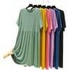 2023 Women's Summer Plus Size Round Neck Cake Dress - Solid Color, Loose Fit, Short Sleeve, Long Length