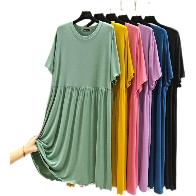 2023 Women's Summer Plus Size Round Neck Cake Dress - Solid Color, Loose Fit, Short Sleeve, Long Length