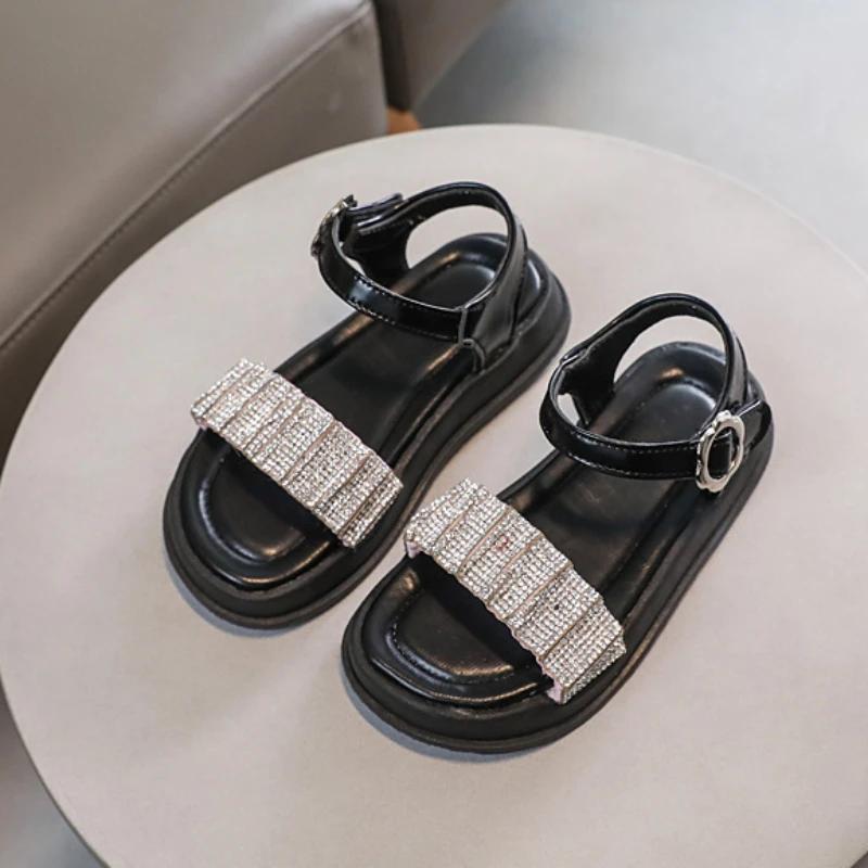 Kids Sandals for Girls Princess Summer Rhinestone Strap Beach Sandal Fashion Causal Children School Open-toe Sandals Thick Soled
