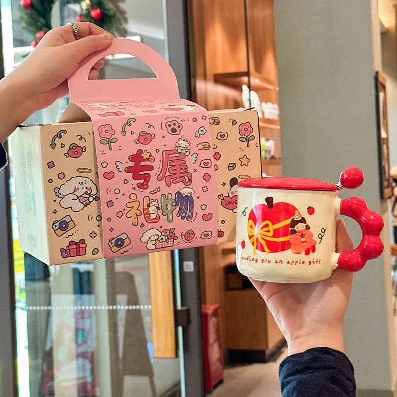 Girl Heart Apple Girl Cup Cute Ceramic Cup with Lid Spoon Girl Large Capacity Coffee Mug Souvenir