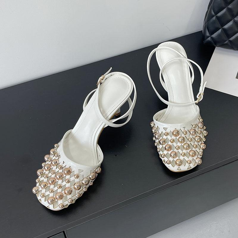 

Fashion Fashion Metal Rivet Female Thin Heels Sandals Shoes For Women Round Toe Ankle Buckle Ladies Heeled Sandals Mules Shoes Pumps 35 бежевый