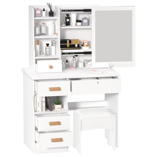 Vanity Desk with Sliding Mirror, Bedroom Dressing Table, Makeup Table with 5 Drawers & Shelves, Hidden Storage Space