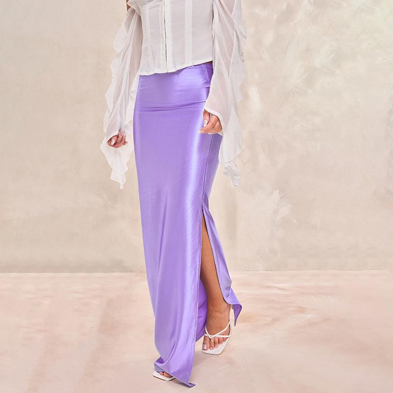 Lato Nowa Linia A Jednolita Elegancka Spódnica Damska Casual Jasna Rozcięcie Slim Fit Długa Spódnica Odzież Damska Vintage Wysoki Stan Vintage Seksowna Spódnica Damska 25717