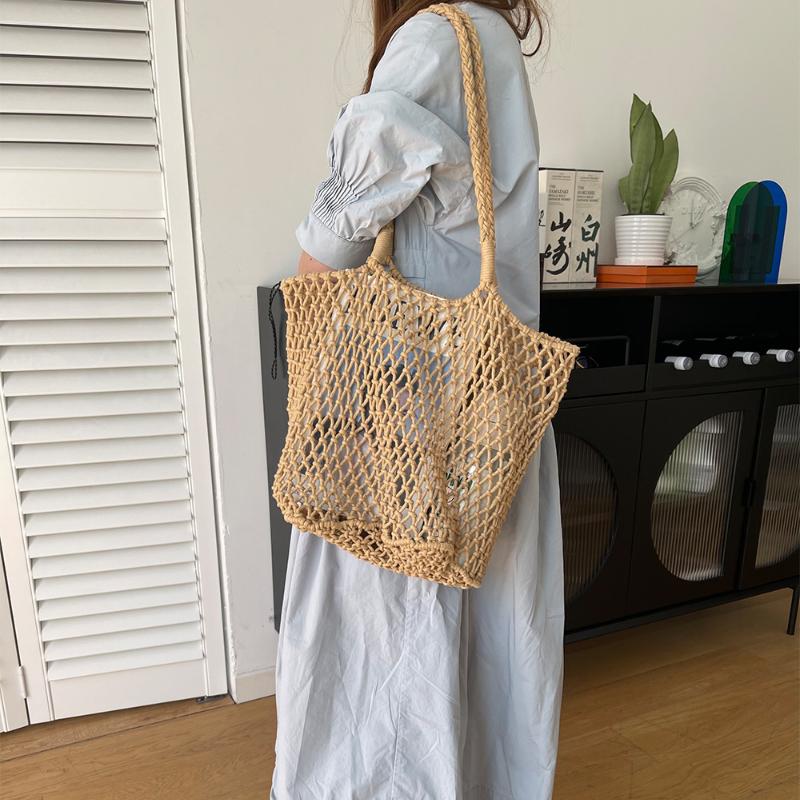 Shoulder Bag, Vacation, Cotton Rope Woven Women's Bag, Lazy, Summer, Hollowed Out, Large Capacity, Hand-held Beach Bag