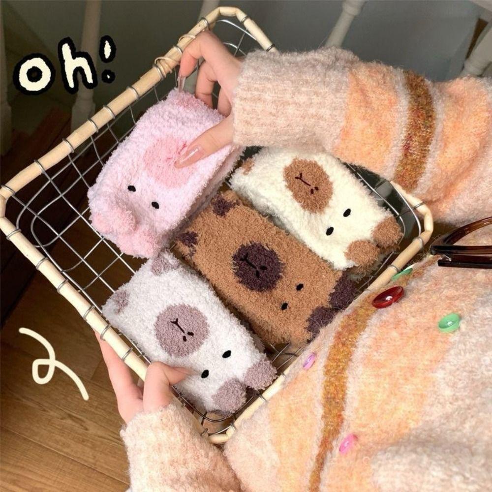 5Pairs Warm Coral Fleece Socks Plush Sleeping Socks Women Sweet Capybara Fleece Socks  Women