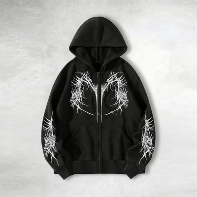 Avant-garde Dark Aesthetic Skeleton-print Hoodie, Zip-up Hoodie