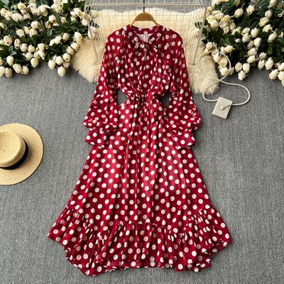 Polka Dot Long Dresses A-line Chiffon Spring Autumn Elegant Vestidos Largos Ruffles Lace Up Sweet Women Dress