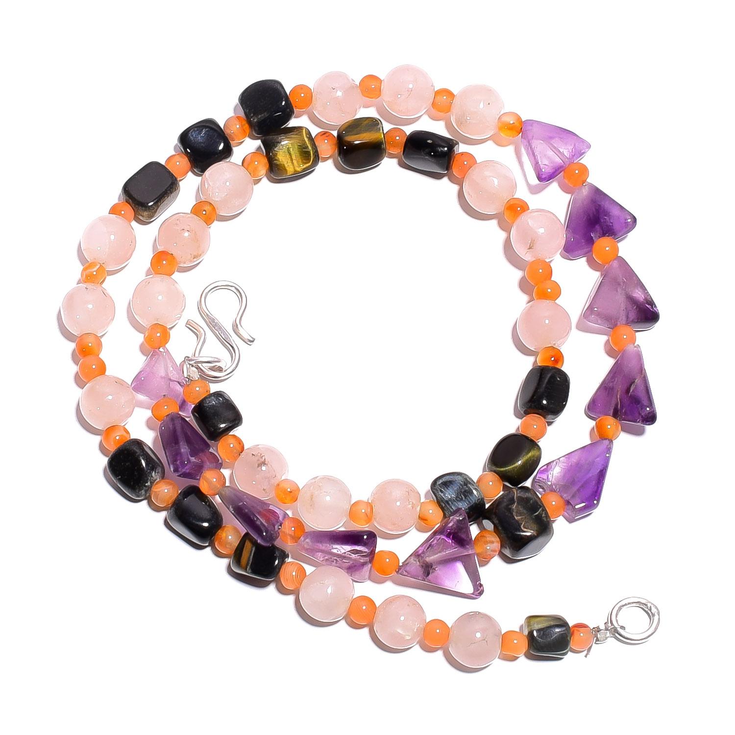 

Natural Tiger Eye Rose Quartz Amethyst Gemstone Smooth Beads Necklace 17 UB4769 UB-4769