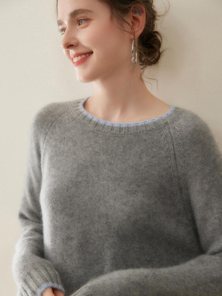 Women's Cashmere Raglan Sleeve Sweater - Round Neck, Autumn/Winter Fashion