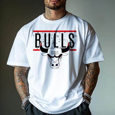 Λευκό Βαμβακερό T-Shirt με Ταύρο Streetwear Αθλητικό Γυμναστικής Μυώδες Στυλ - Ανδρικό Καλοκαιρινό Βαμβακερό T-Shirt με Γραφικό