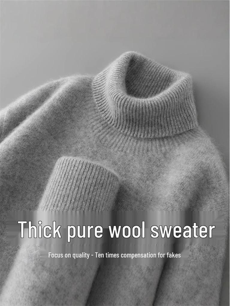 Men's High-Neck 100% Pure Wool Sweater: Thick Long-Sleeve Pullover for Autumn/Winter, Loose Fit Knitted Base Layer.