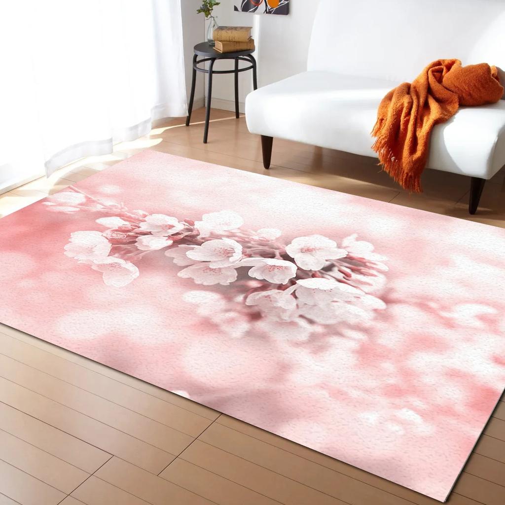 Pink Cherry Blossom Rug Romantic Floral Spring Carpet Non Slip Floor Mat for Girl's Bedroom, Bedside Living Room