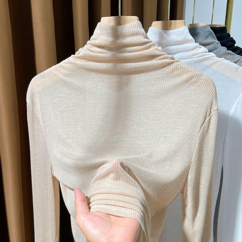 Slightly See-through Collar Long-sleeved Women's Autumn Fashionable Layered Tops with Base Layers