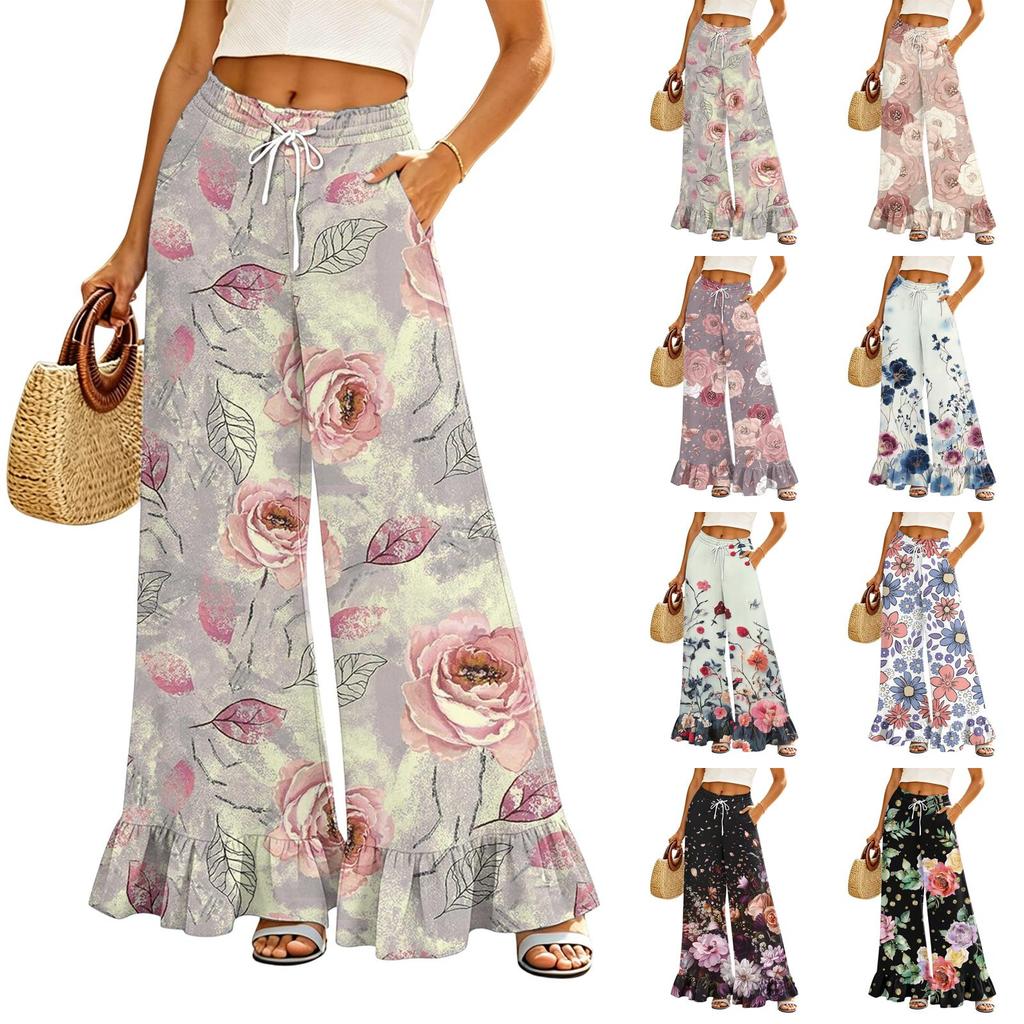 Women's Wide Leg Pants with Pockets High Waist Drawstring Casual Loose Fit Long Trousers Floral Print Lightweight Soft Fabric