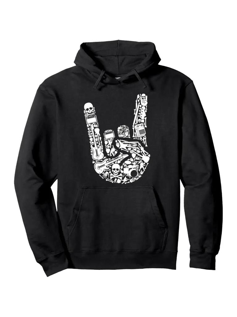 Rock Heavy Metal Guitar Graphic Hoodie - Black Pullover with White Artwork